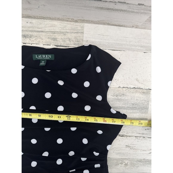 Lauren Ralph Lauren Black White Polka Dot Dress Sz 12P Ruched Flounce Skirt - Picture 4 of 6